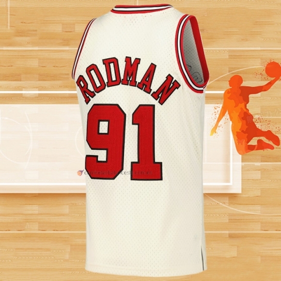 Camiseta Chicago Bulls Dennis Rodman NO 91 Mitchell & Ness Chainstitch Crema