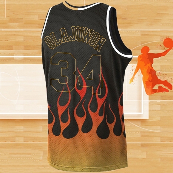 Camiseta Houston Rockets Hakeem Olajuwon NO 34 Flames Negro