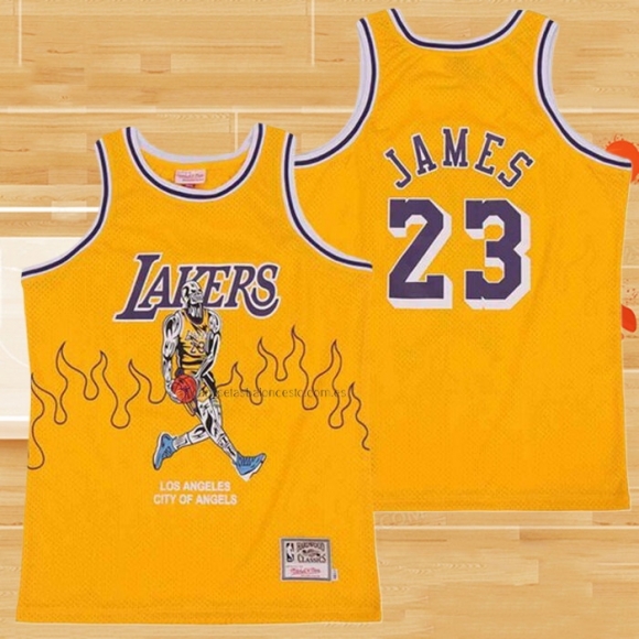 Camiseta Los Angeles Lakers LeBron James NO 23 Hardwood Classics Skull Edition Amarillo