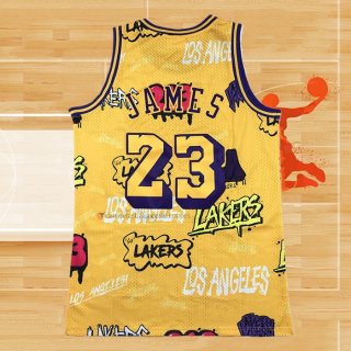 Camiseta Los Angeles Lakers LeBron James NO 23 Slap Sticker Mitchell & Ness 2018-19 Amarillo