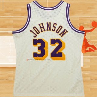 Camiseta Los Angeles Lakers Magic Johnson NO 32 Mitchell & Ness Chainstitch Crema